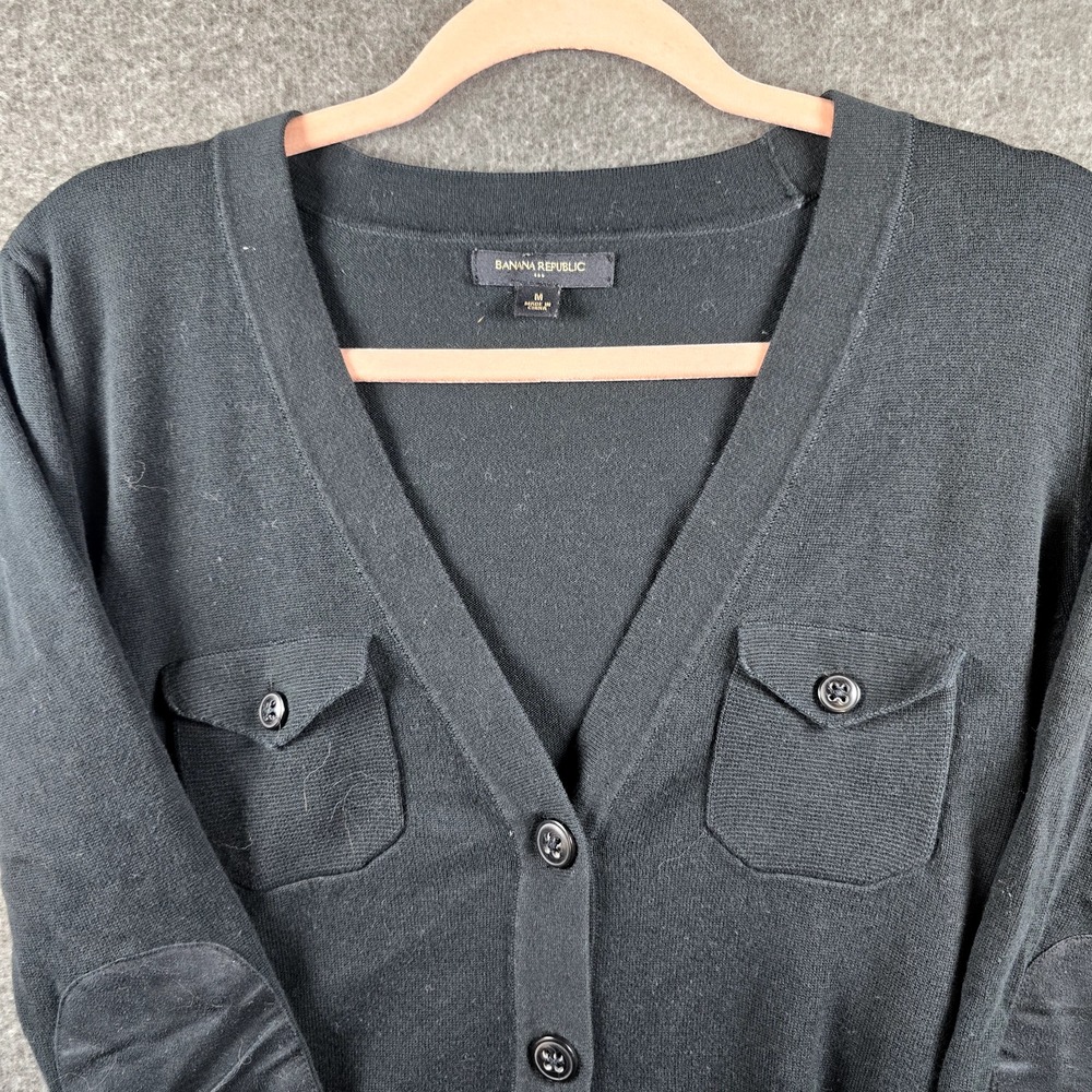 Banana Republic Women M Faux Leather Elbow Black Cardigan With Removable Belt - Picture 2 of 12